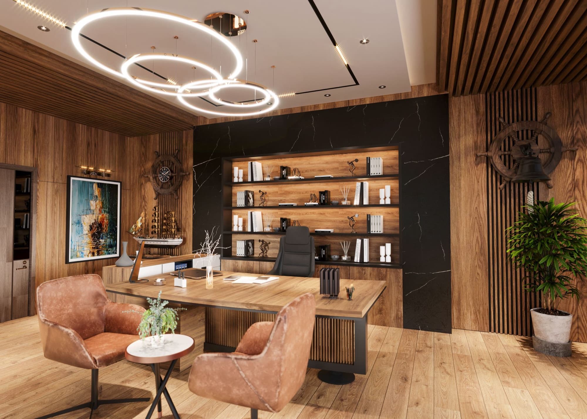 A quiet, daylit office with a wooden desk and shelves of files